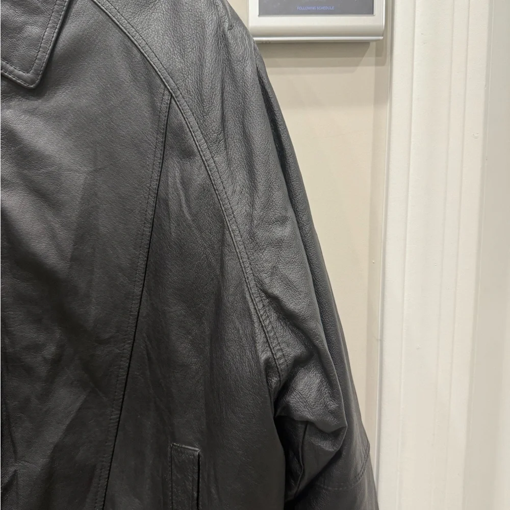 Oscar Piel Black Genuine Leather Bomber Jacket Mens L Lined‎ Collar Zip